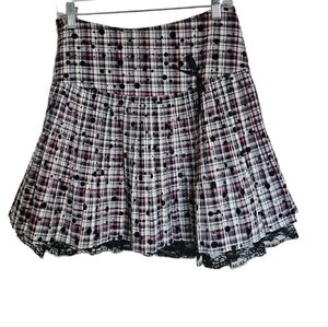 🎈2/40pink/white/black plaid lace trim pleated lightweight handmade skirt linedM